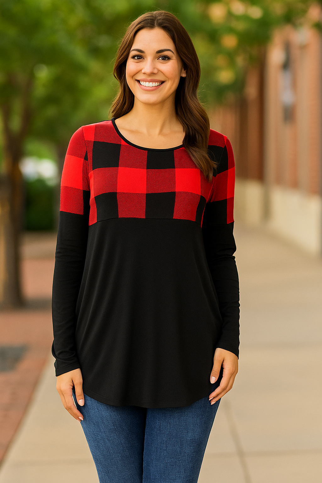 Zenana Plaid Colorblock Long Sleeve Shirt - Tunics sb_tops