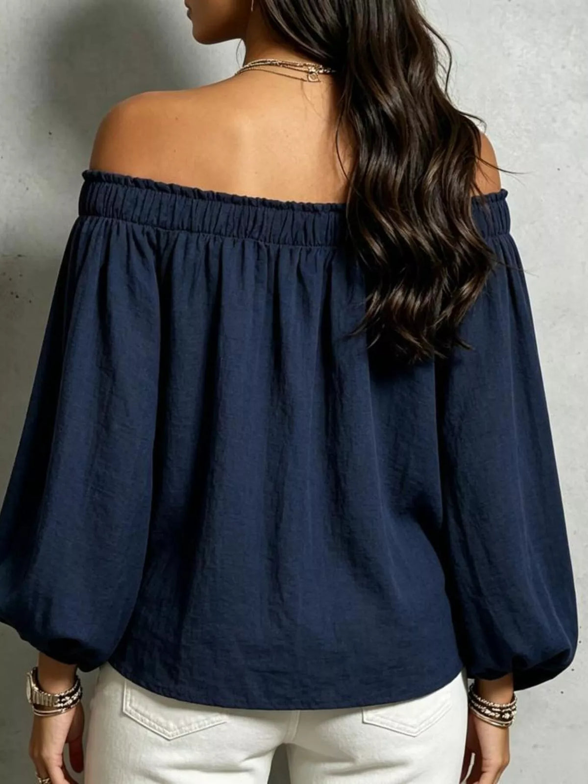 Dark Navy off-shoulder long sleeve blouse, back view