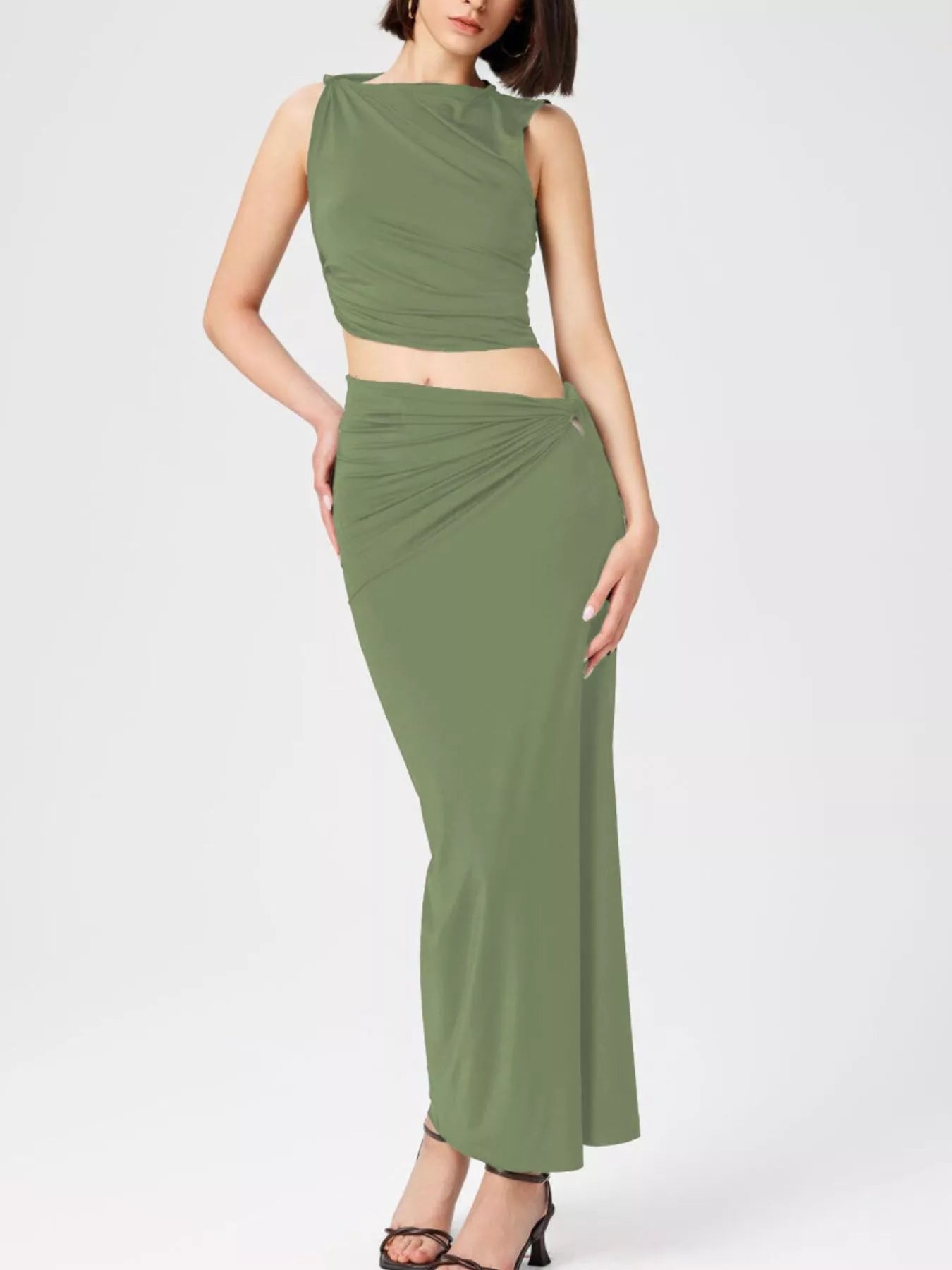 Trendsi Asymmetrical Ruched Knit Top and Skirt Set - Shirts