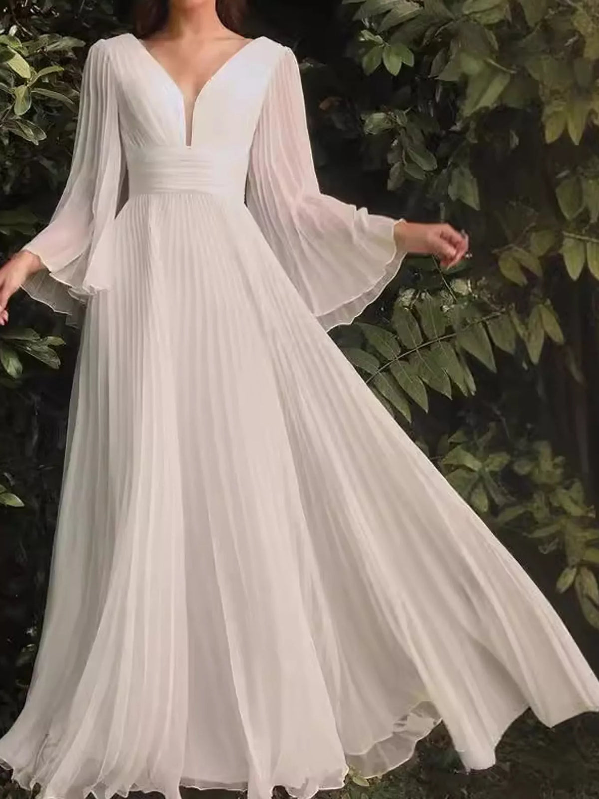 Cream v-neck pleated maxi dress