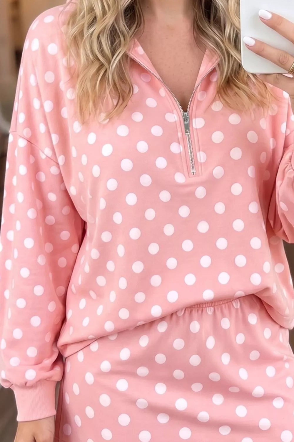 Trendsi Polka Dot Quarter Zip Sweatshirt and Shorts Set -