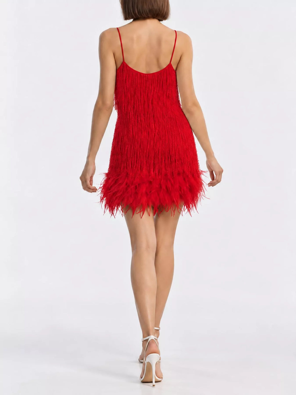 Red feather fringe sequin mini dress, back view