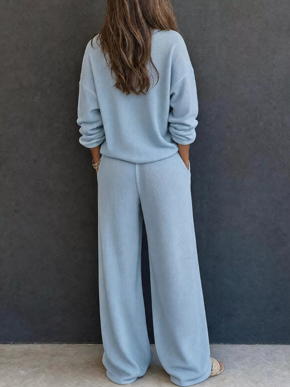 Blue waffle knit button detail top and pants set, back view