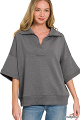 Trendsi Zenana Scuba Collared Short Sleeve Pullover -