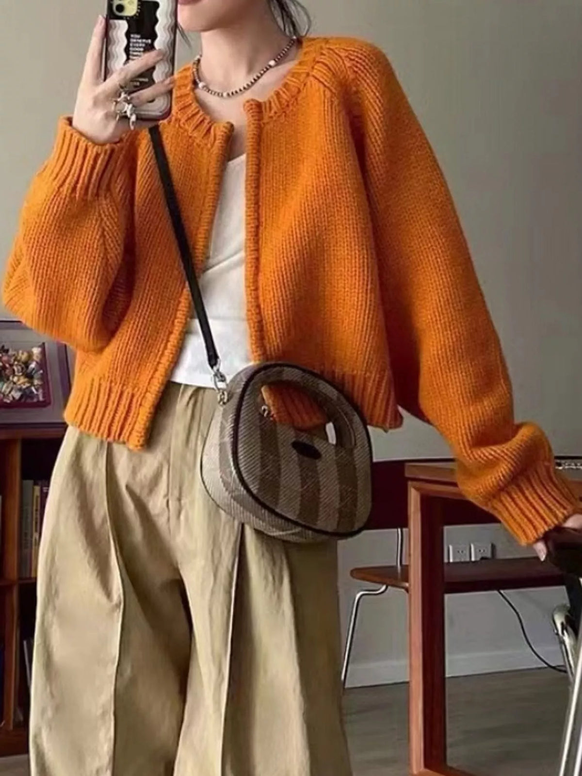 Ribbed-hem cardigan, orange front