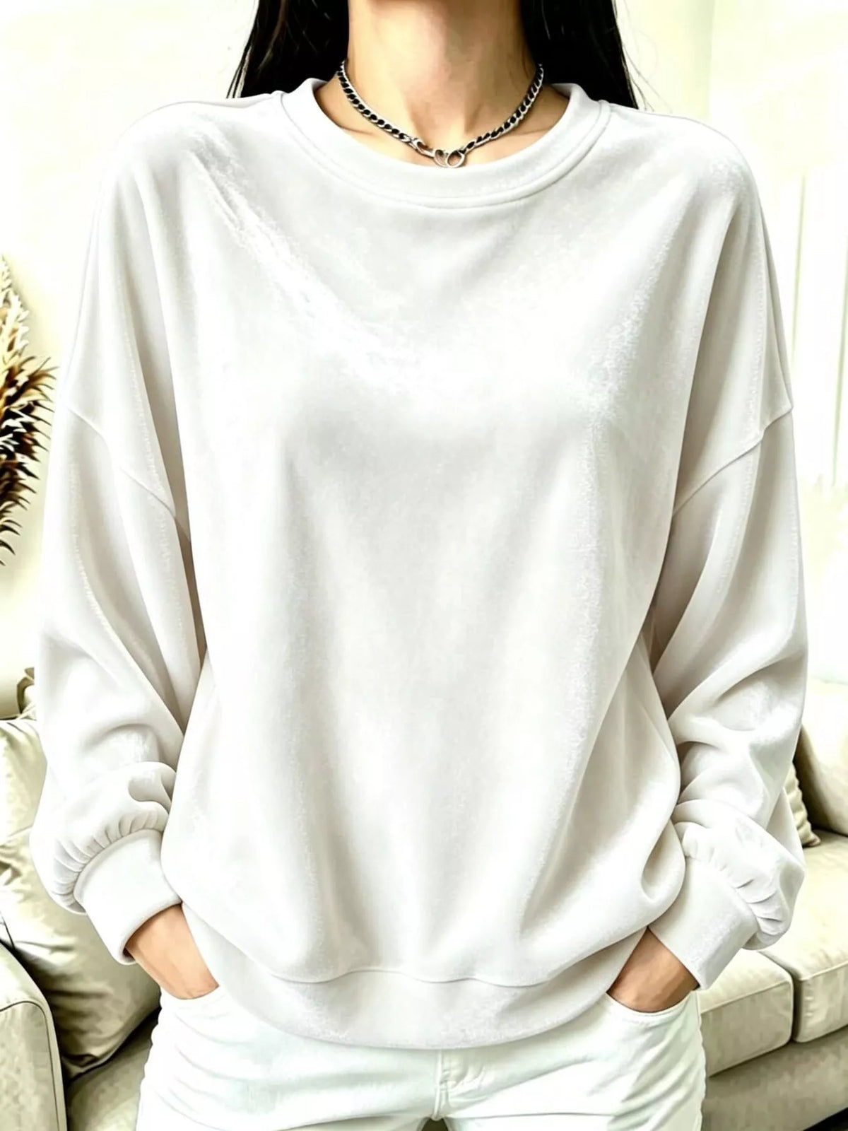 Women's Velvet Dropped Shoulder Sweatshirt in white — front view