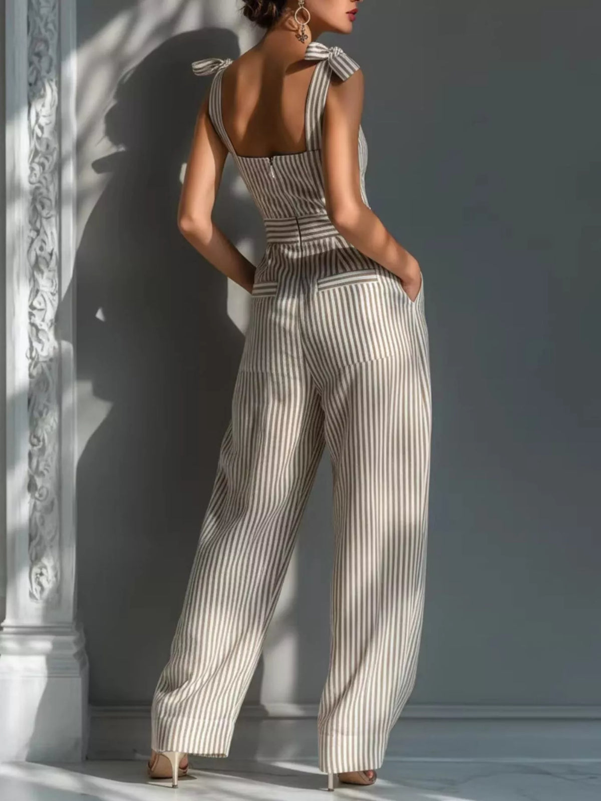 Beige striped striped tie-shoulder wide-leg jumpsuit — back view
