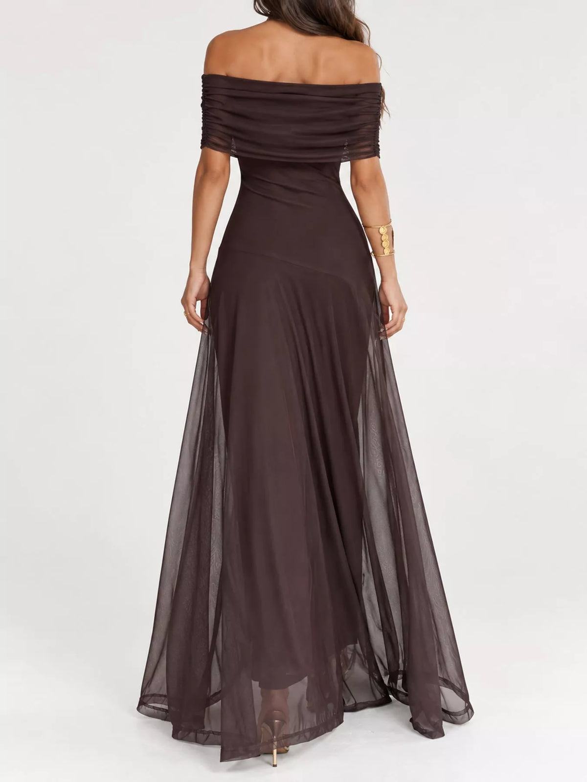 Brown off-shoulder ruched maxi dress — back view