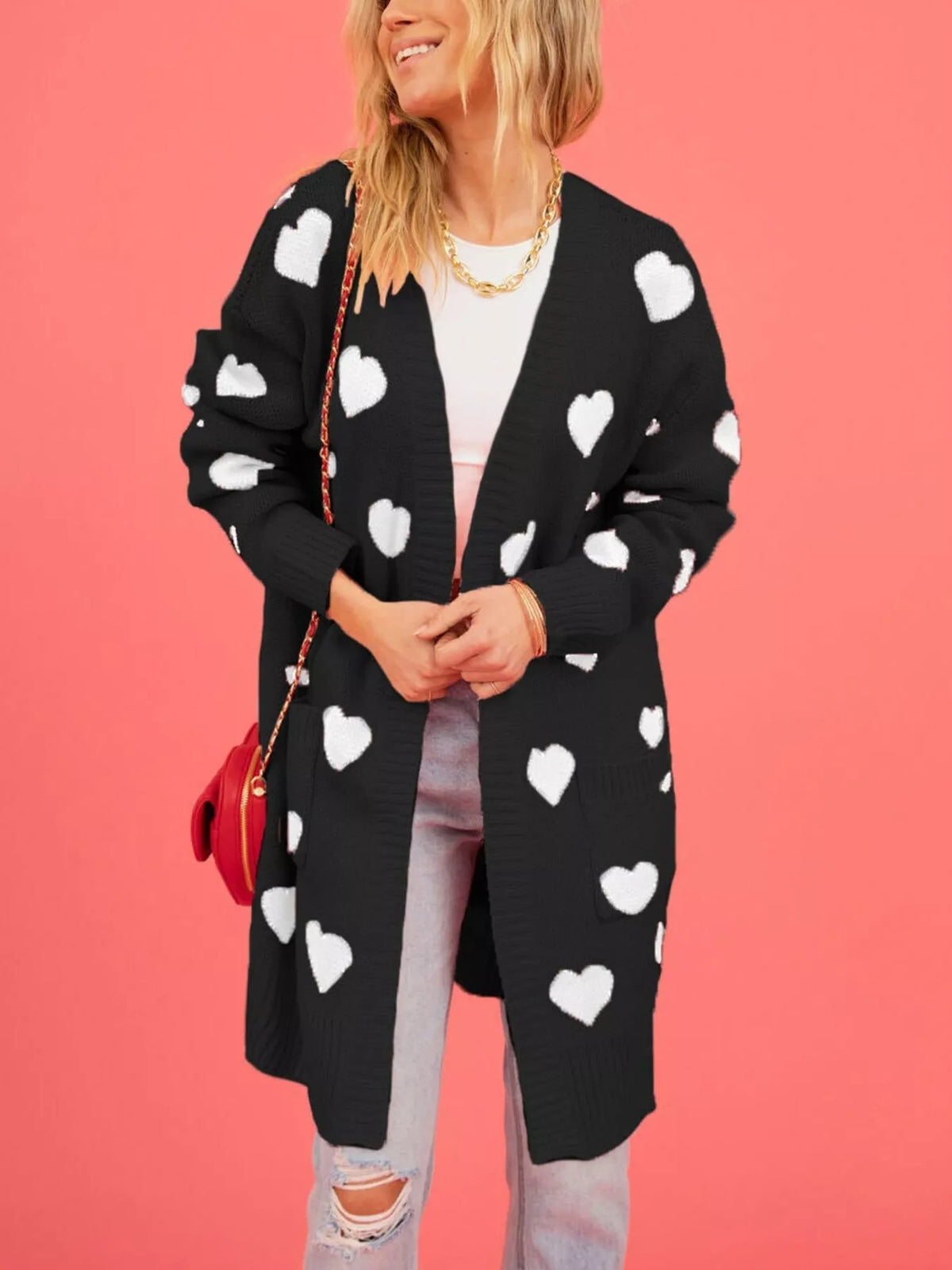 Trendsi Heart Pattern Open Front Longline Cardigan -