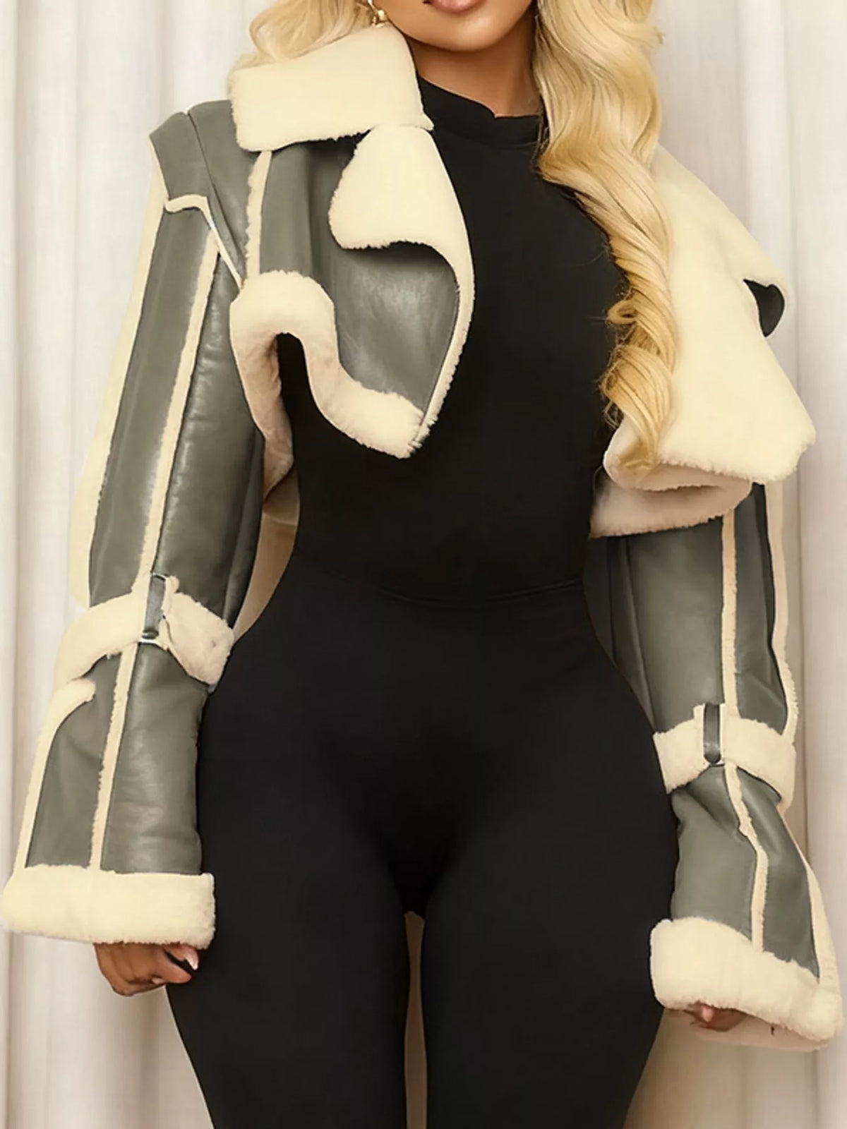 Army Green faux leather plush cropped jacket