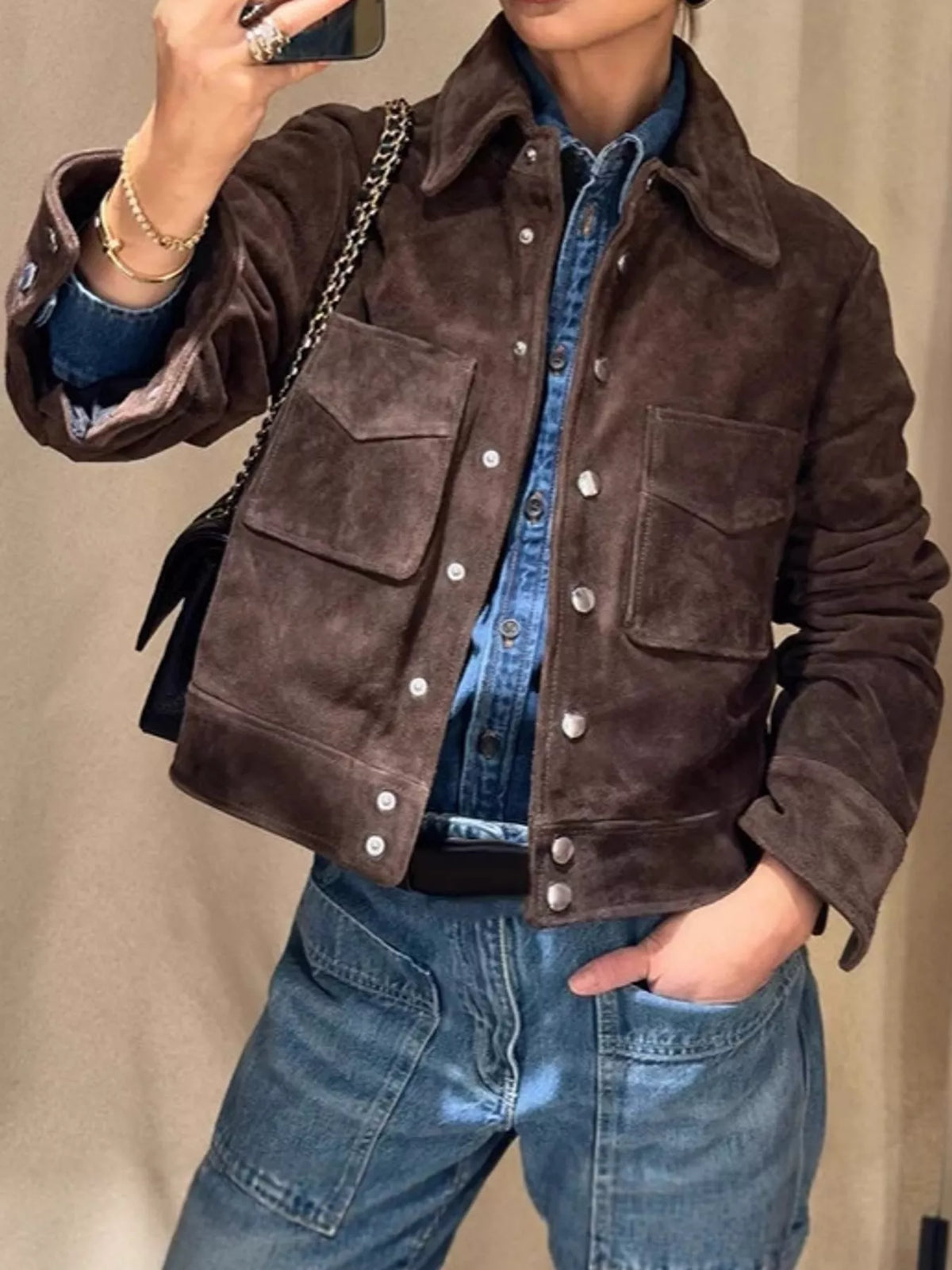 Brown-Turn-Down Collar Single-Breasted Suede Jacket vintage style suede button-down jacket
