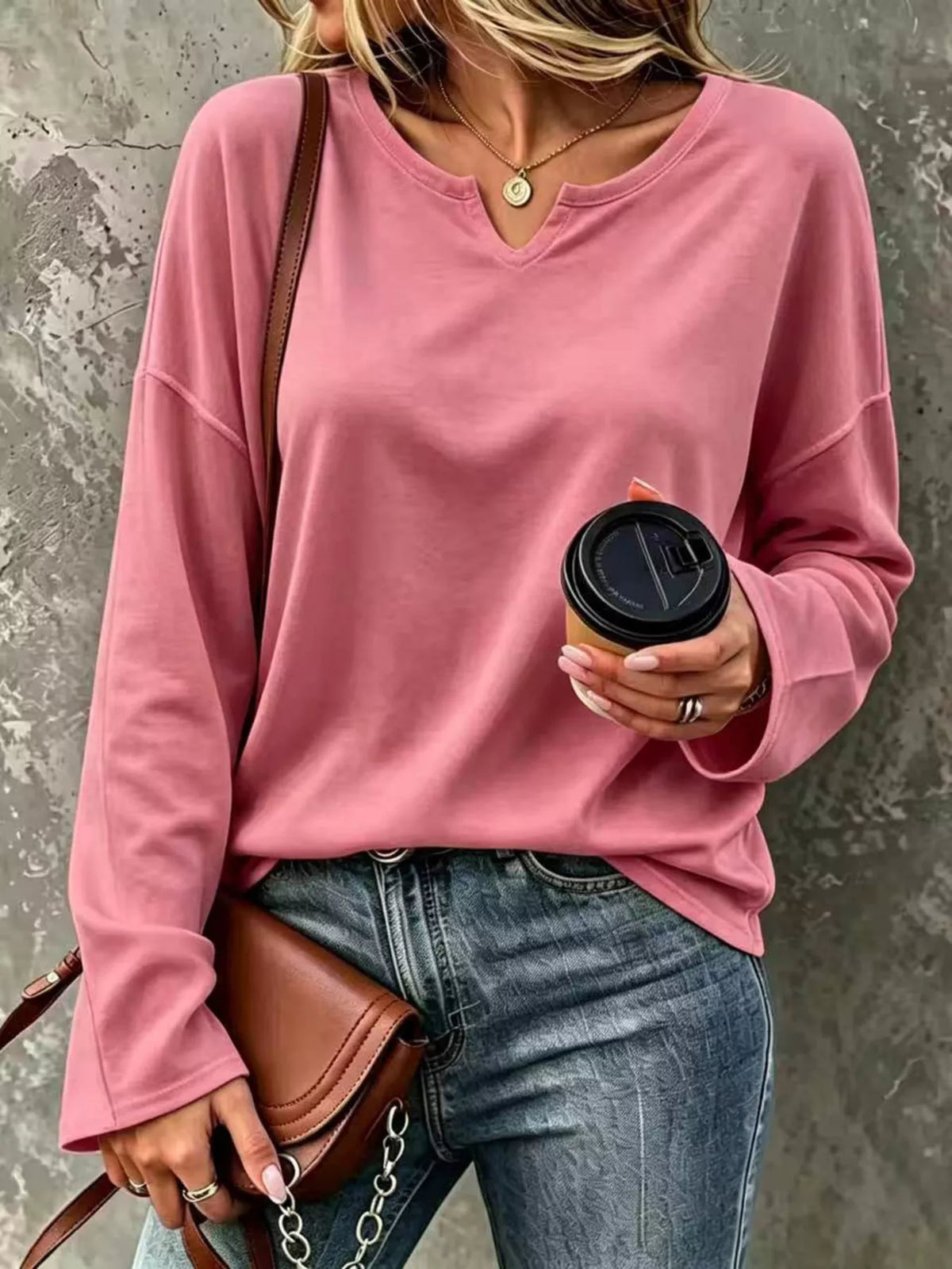 Dusty Pink Loose-Fit Notch Neck Long Sleeve T-Shirt front view