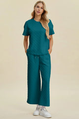 Trendsi Double Take Full Size Texture Round Neck Short Sleeve Top and Pants Set -
