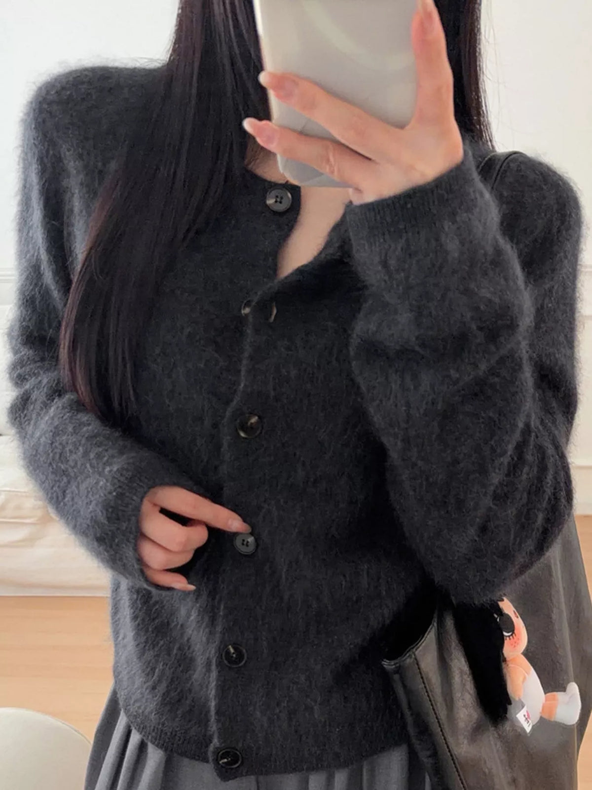 Dark Gray fuzzy button up cropped cardigan