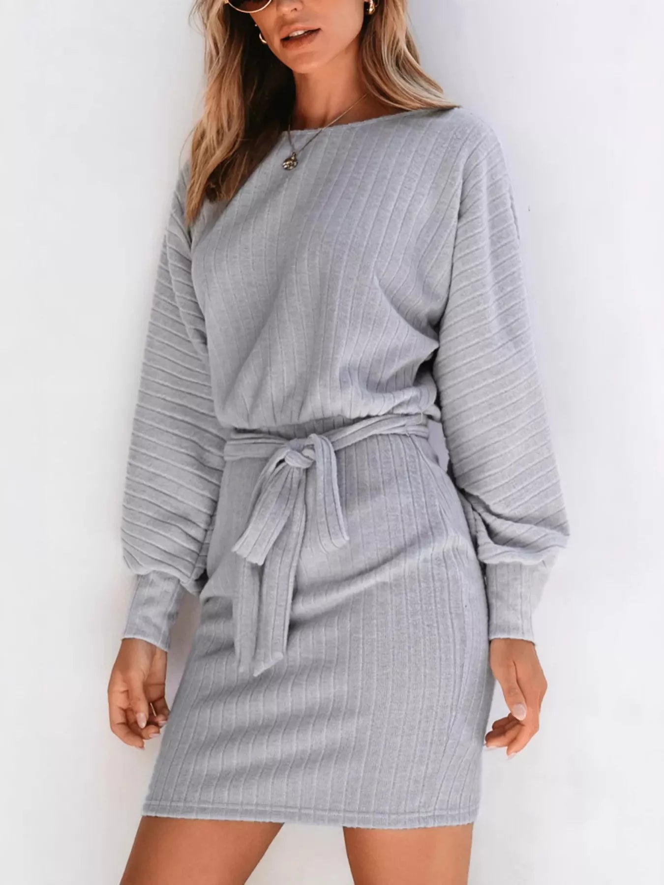 Trendsi Round Neck Tie Waist Textured Dress -