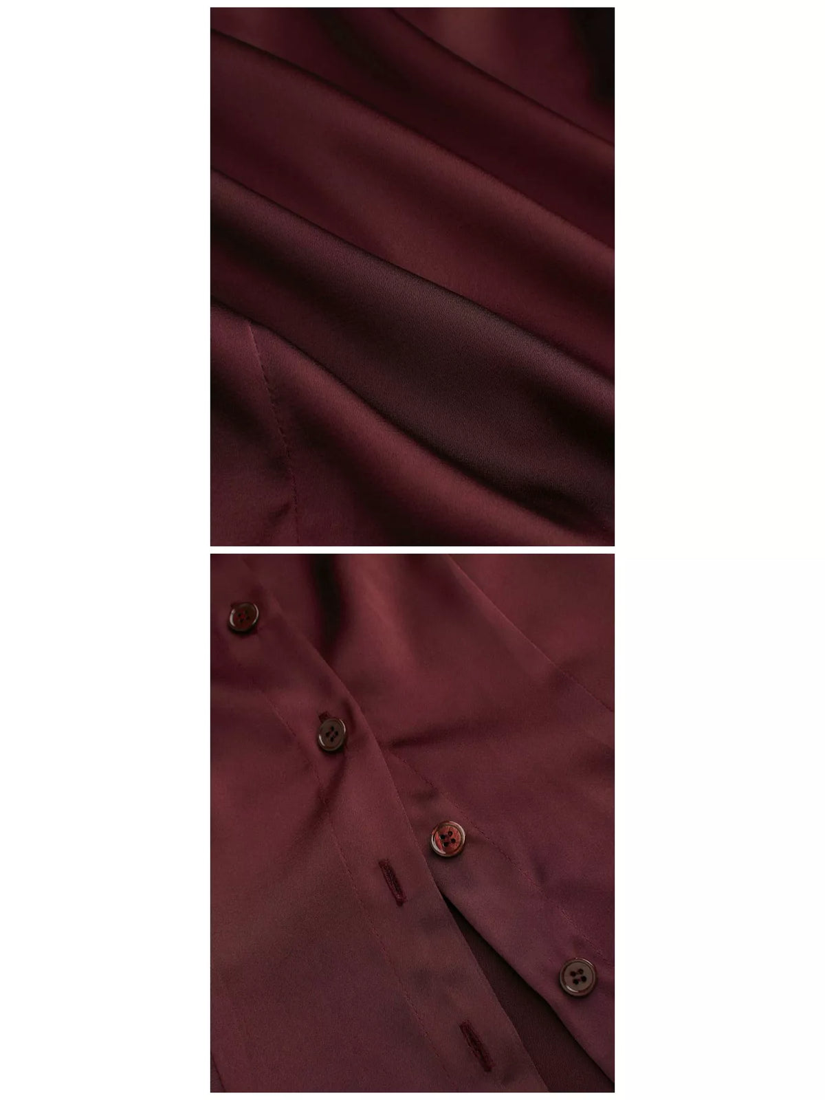 Satin Short Sleeve Button-Down Shirt, detail view in burgundy