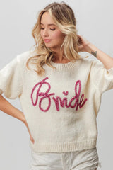 Trendsi BiBi Metallic Letter Short Puff Sleeve Hairy Sweater -