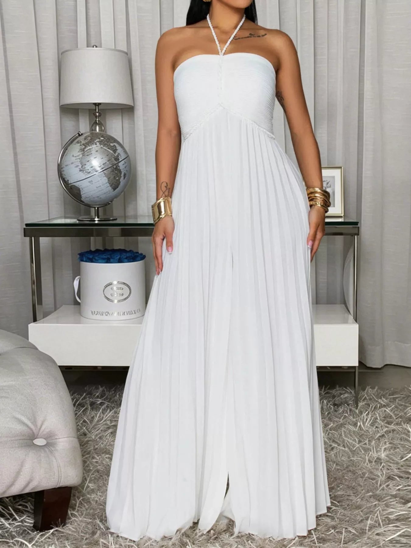 Trendsi Pleated Halter Neck Wide Leg Jumpsuit -