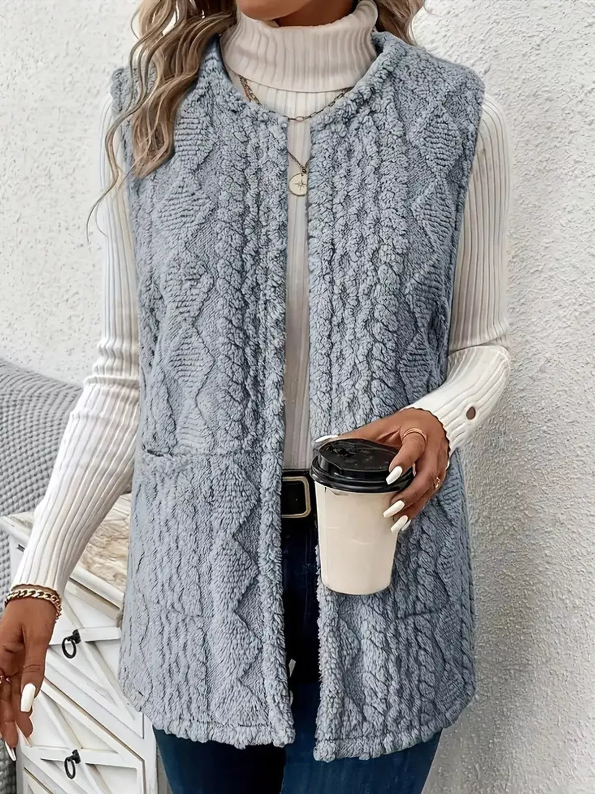 Blue-gray sherpa open front vest coat