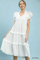 Trendsi Umgee Textured Ruffle Sleeve Tiered Midi Dress -