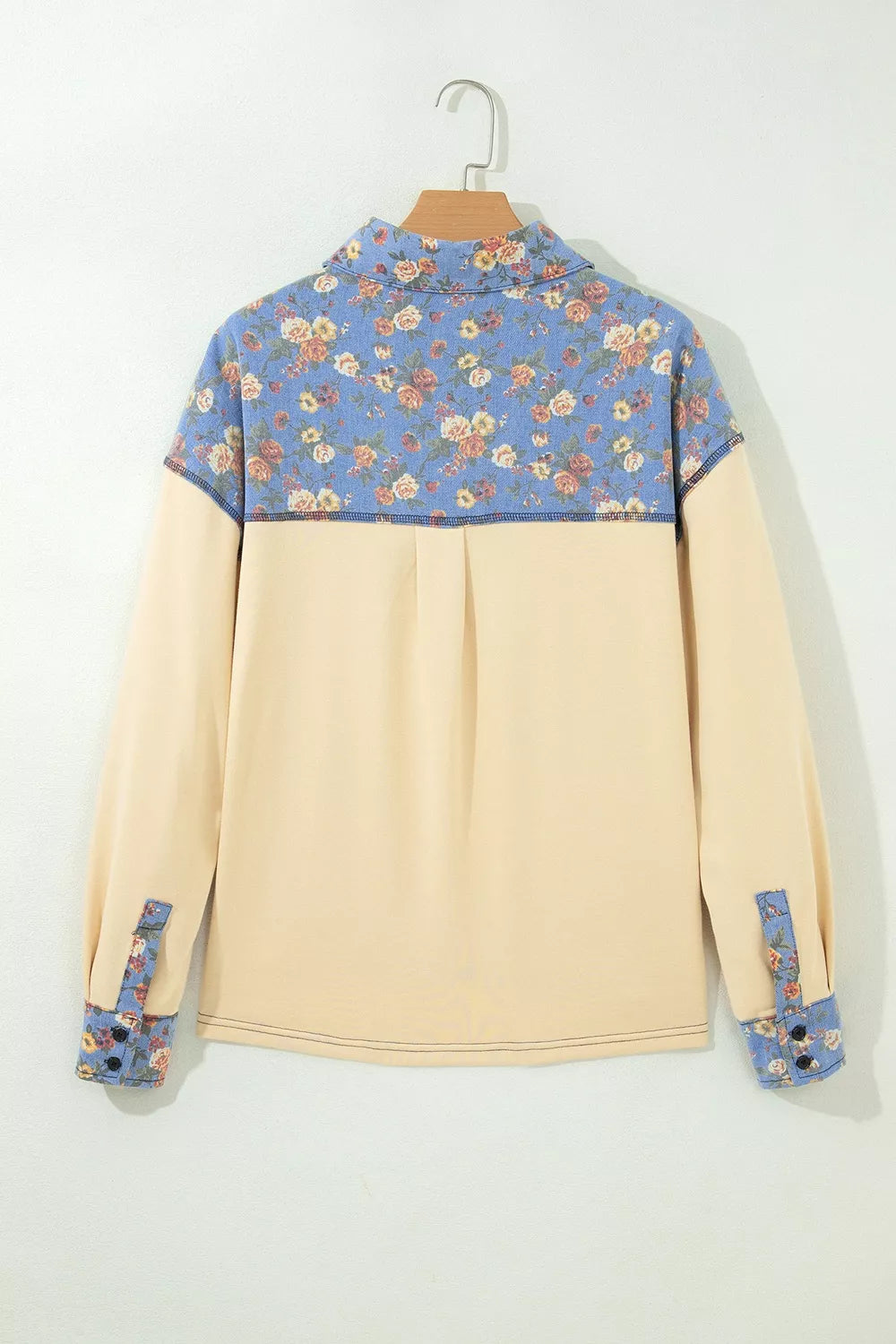 Trendsi Floral Denim Patchwork Collar V Neck Long Sleeve Pullover Top -