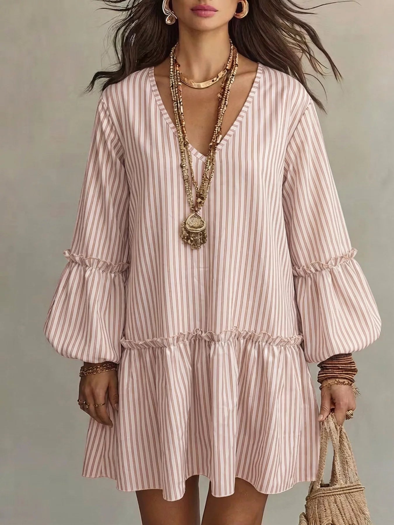 Trendsi Full Size Striped Balloon Sleeve Mini Dress Plus Size -