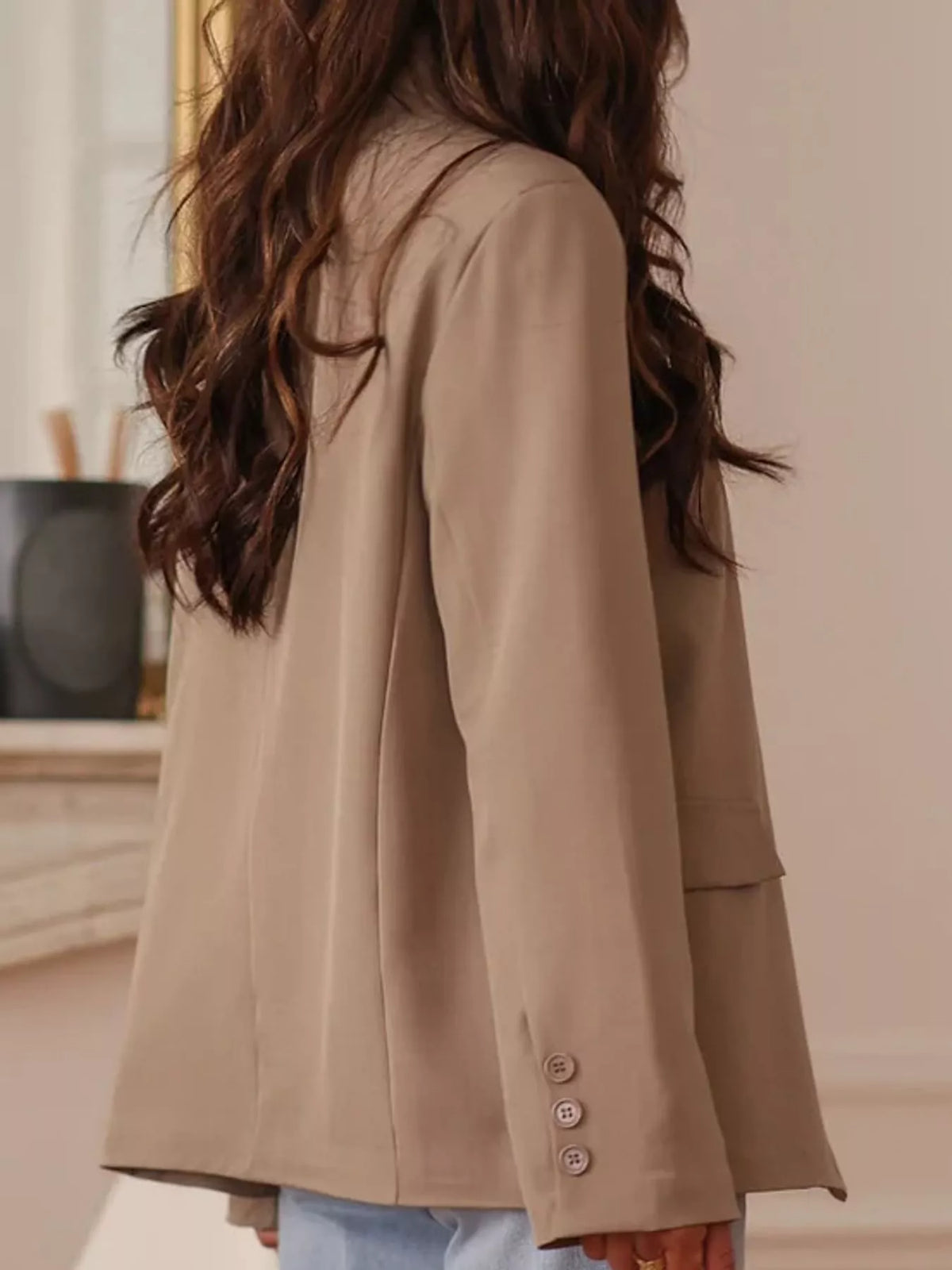 Asymmetric Button-Front Blazer, back view in taupe