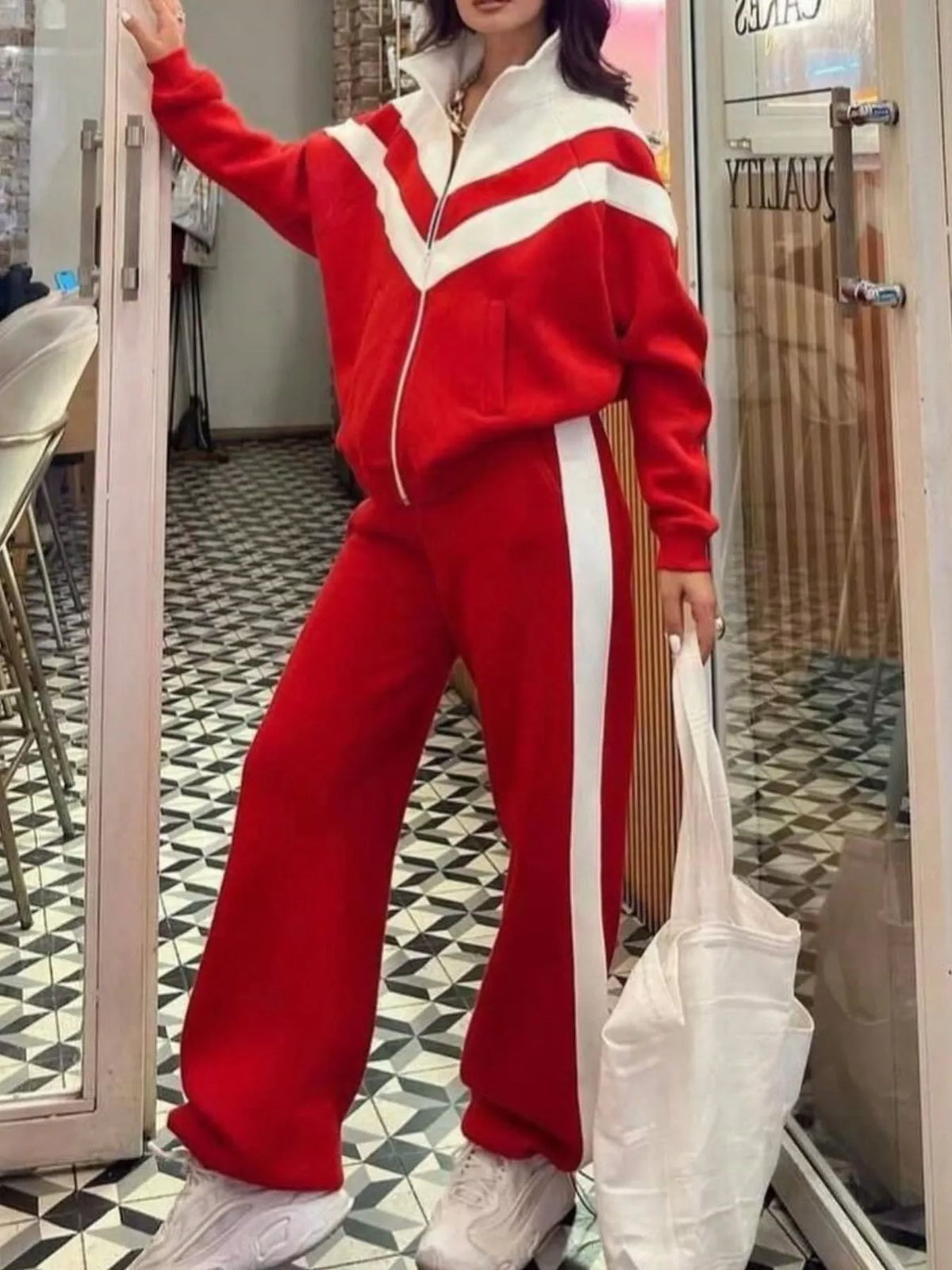 Trendsi Color Block Zip-Up Outerwear and Pants Set -