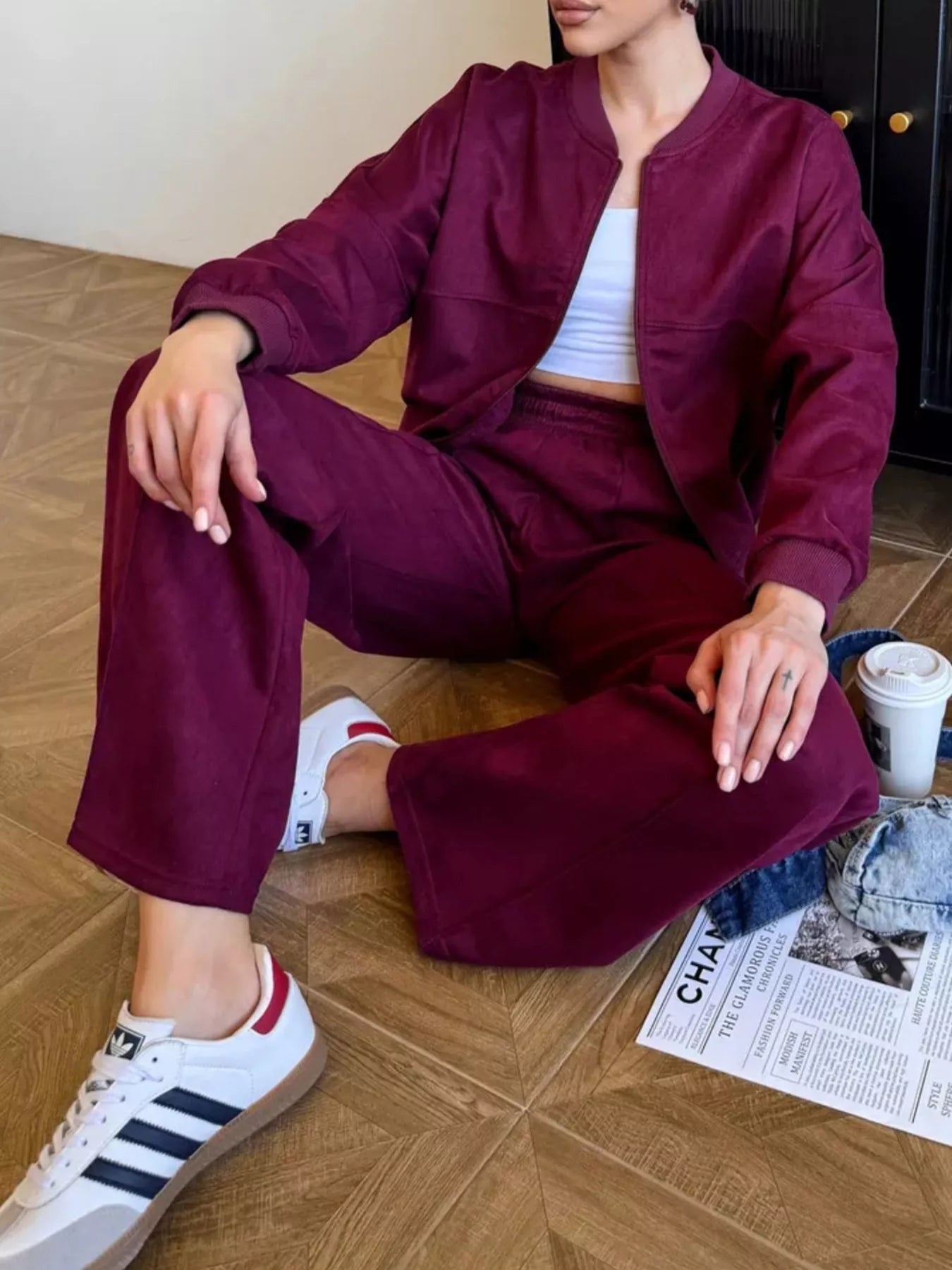 Trendsi Zip Up Sweatshirt and Wide-Leg Pants Set -