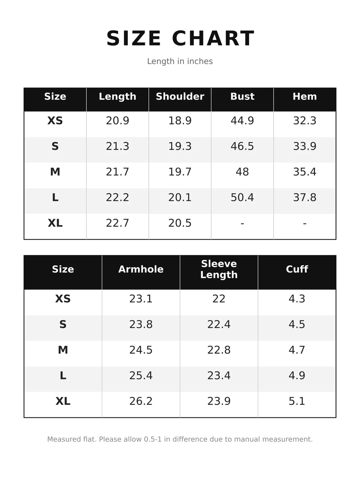Cropped Round-Neck Zip-Up Jacket — size and measurement chart