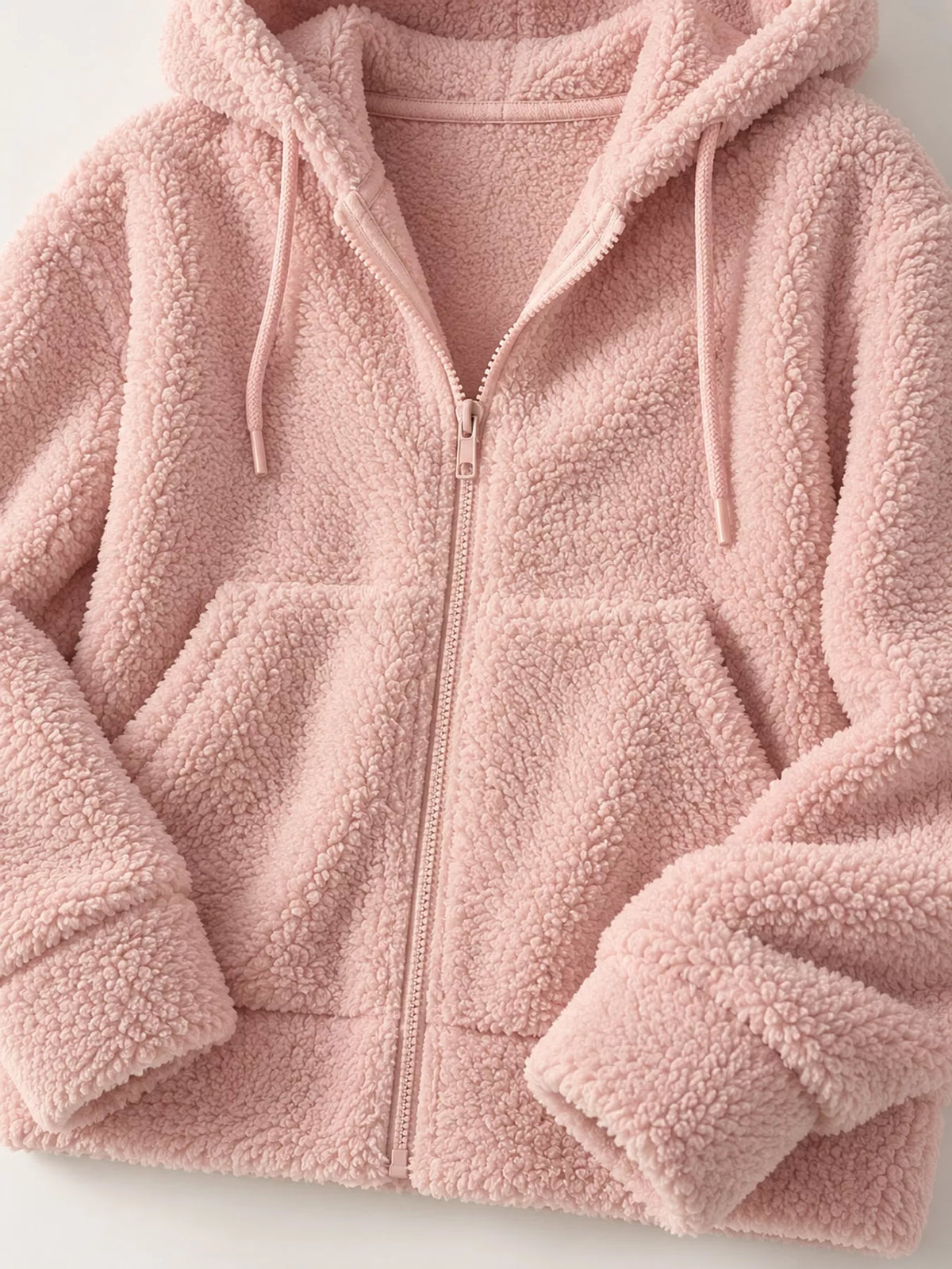 Cropped sherpa hoodie, pink texture detail