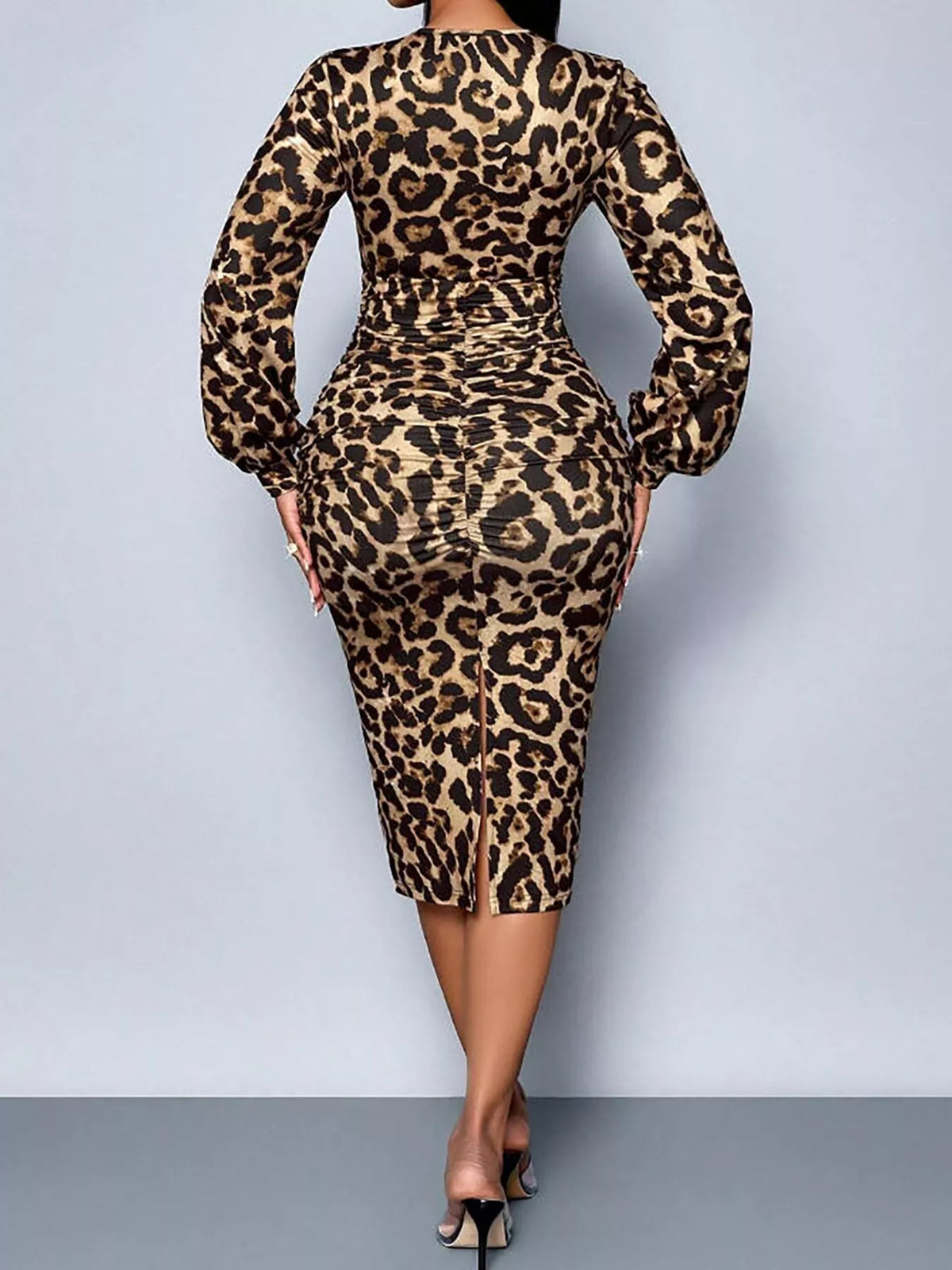 Women's Lace Detail V-Neck Bodycon Midi Dress in tan leopard — back view