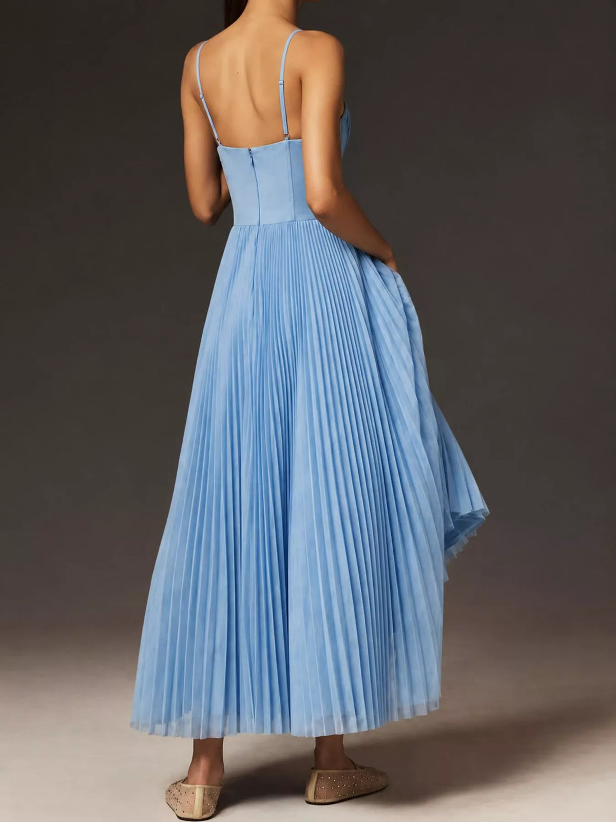 Light blue pleated sweetheart neck midi dress — back view