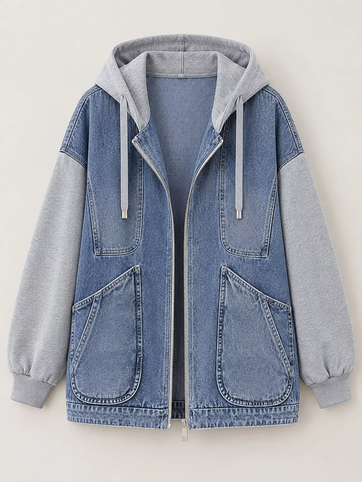 Zip-Up Hooded Denim Jacket — garment front