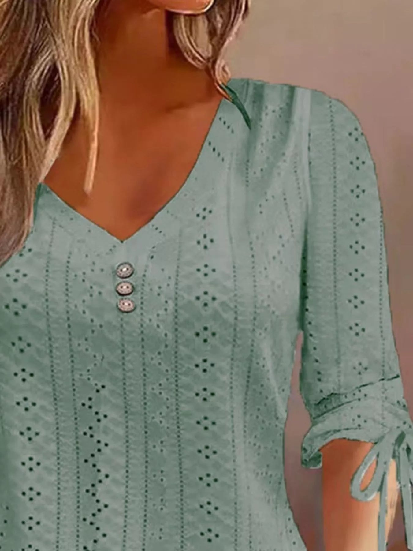 Trendsi Full Size V-Neck Eyelet Drawstring Sleeve Top Plus Size -