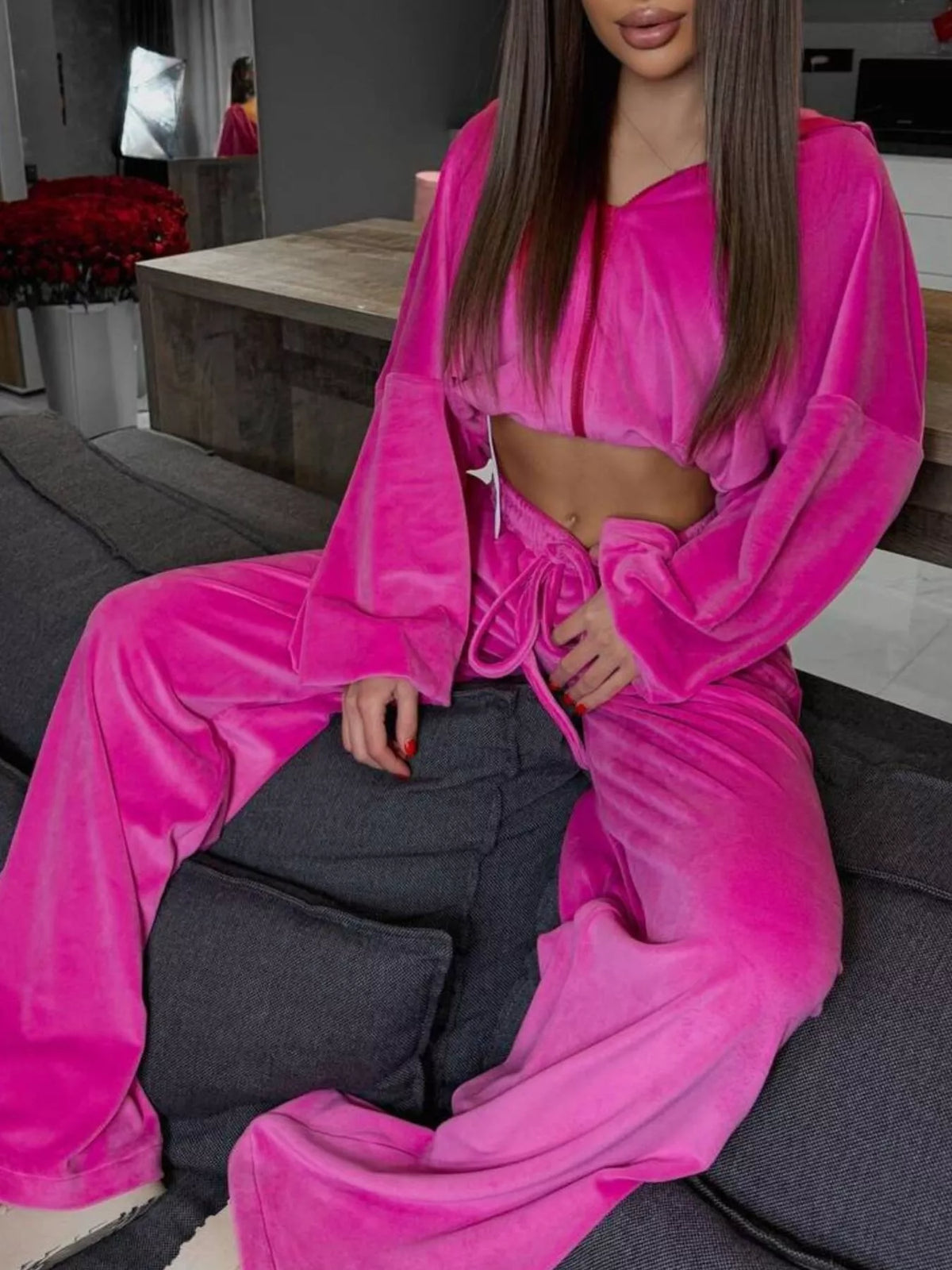 Trendsi Zip Up Hoodie and Wide-Leg Pants Set -