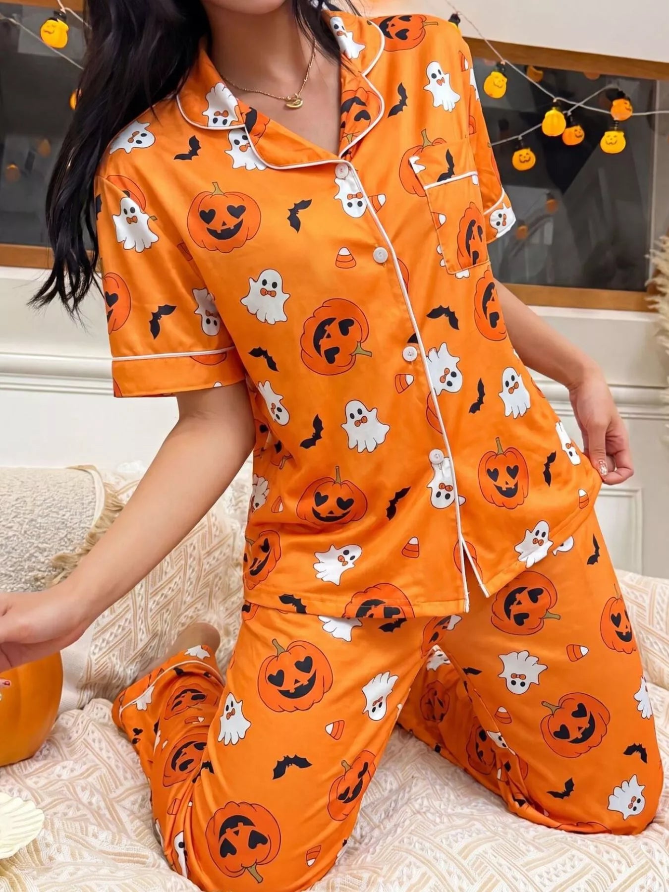 Trendsi Halloween Pumpkin Print Button-Down Top and Pants Set -
