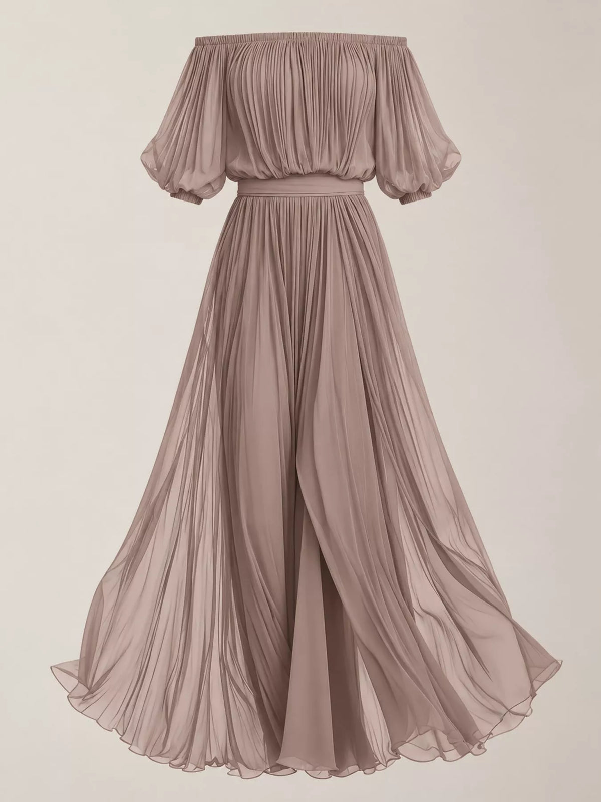 Taupe off shoulder ruched chiffon maxi dress, front view