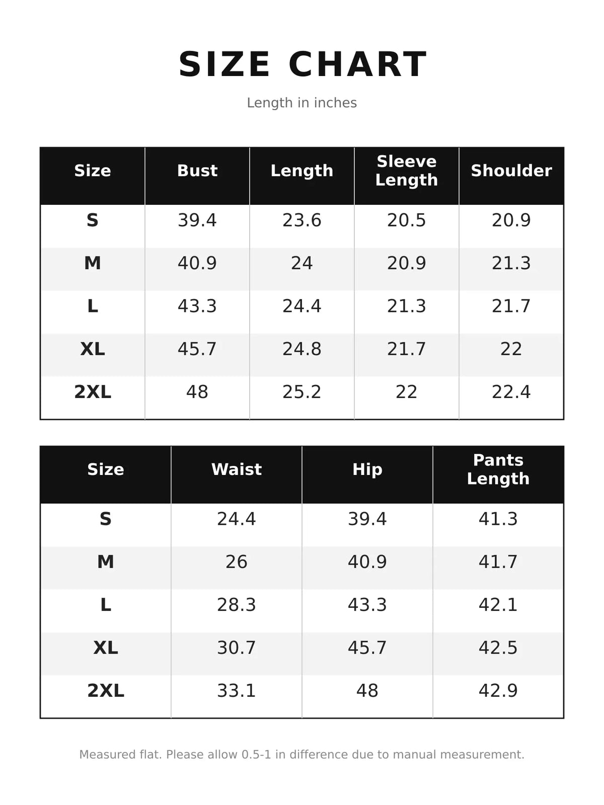 Size chart for button detail top and wide-leg pants set