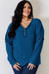 Trendsi Basic Bae Full Size Ribbed Half Button Long Sleeve T-Shirt -