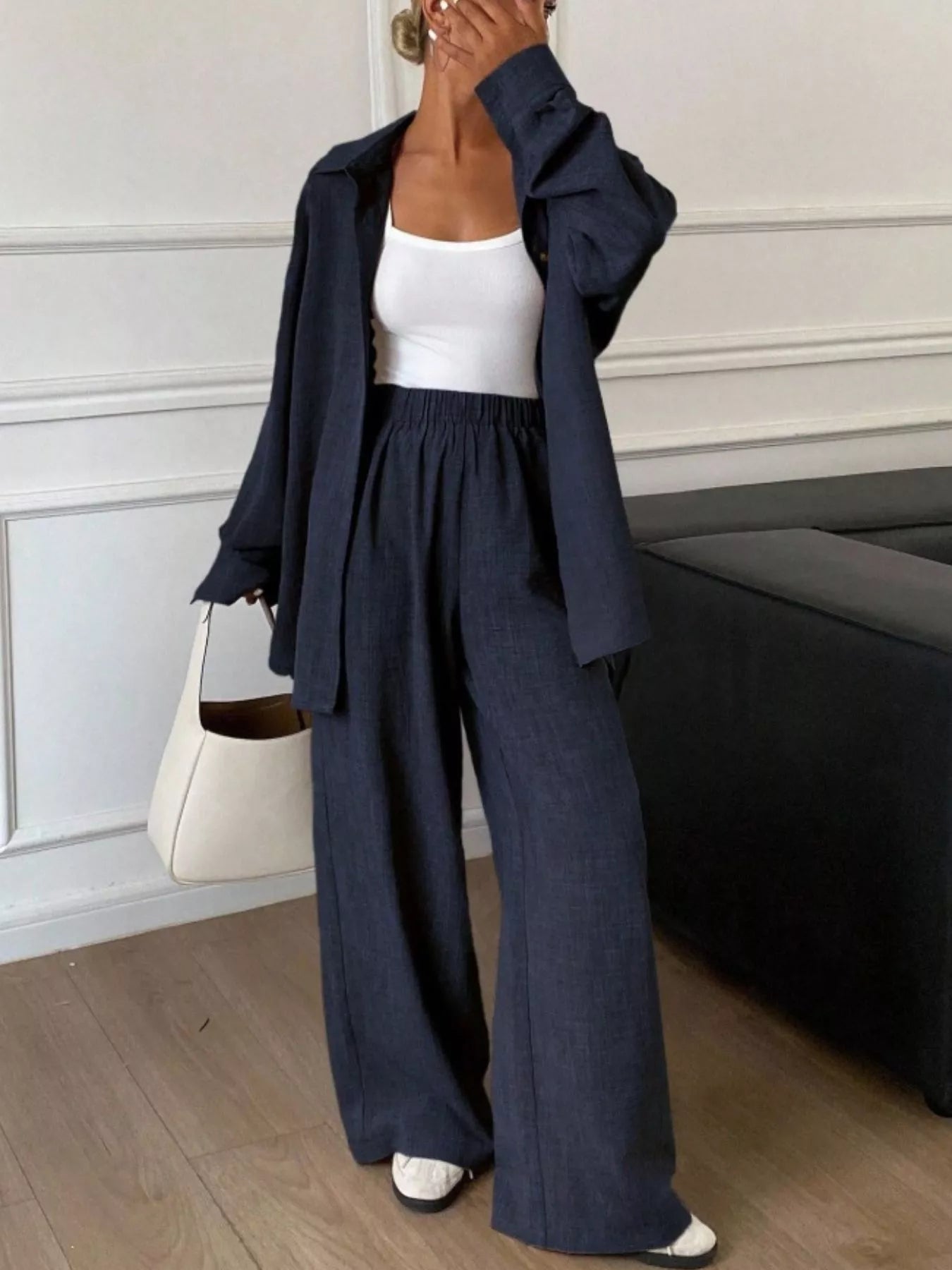Trendsi Button Up Long Sleeve Shirt and Wide Leg Pants Set -