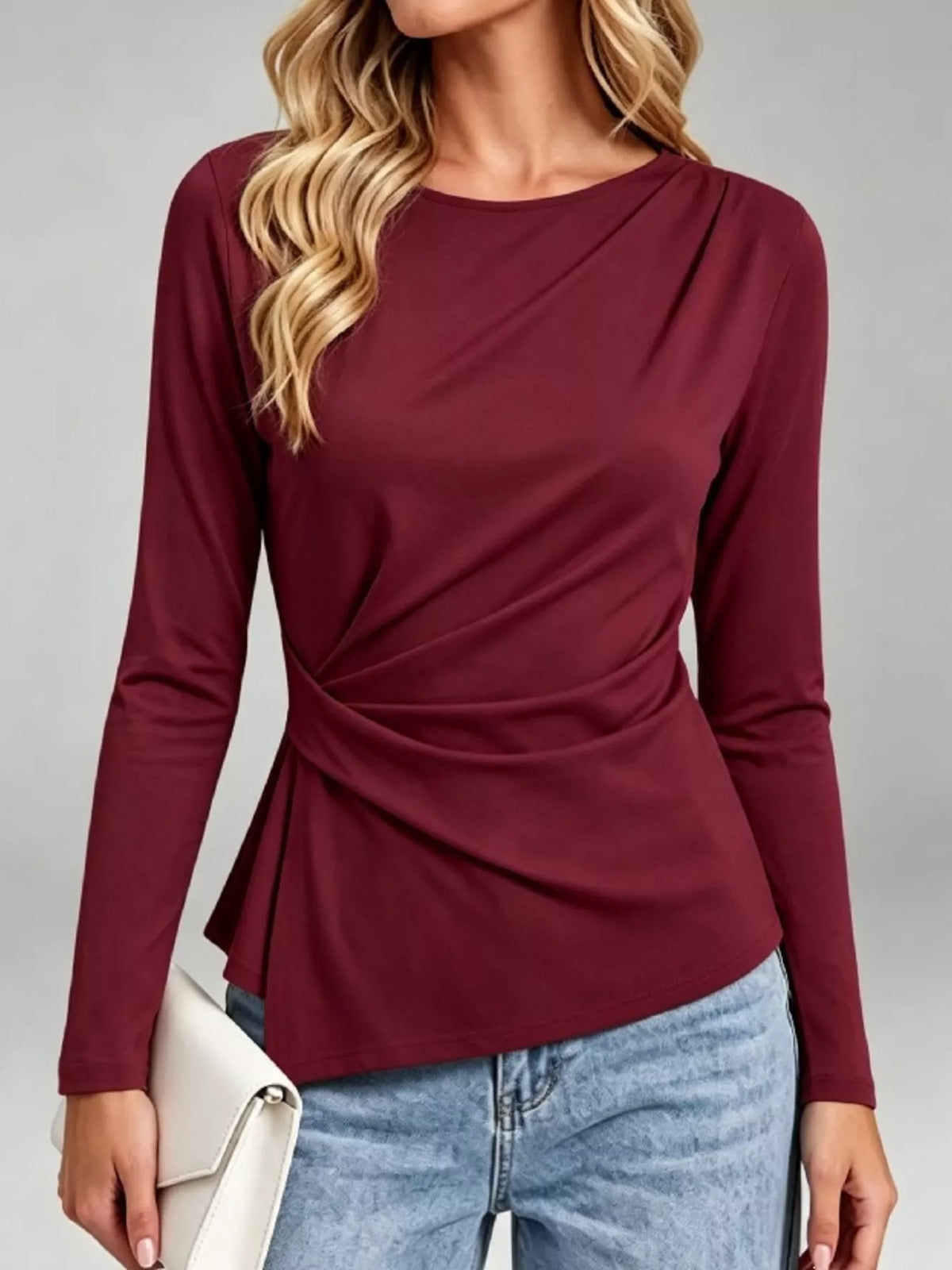 Women's Ruched Waist Long Sleeve T-Shirt in burgundy — front view