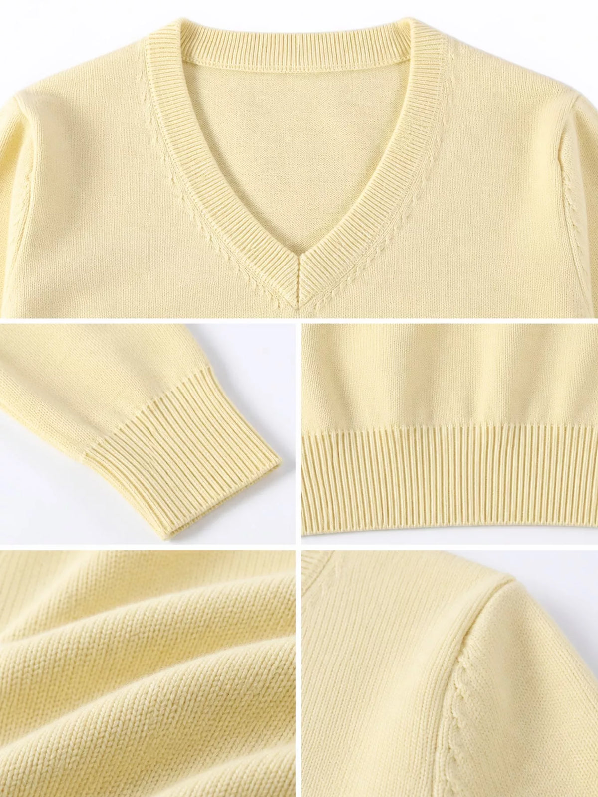 Women's V-Neck Long Sleeve Sweater in yellow — detail collage view