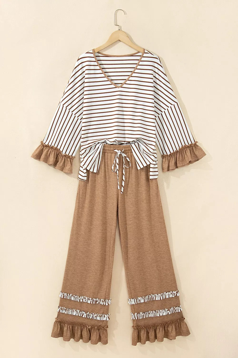 Trendsi Stripe V Neck Ruffle Contrast Sleeve Top Drawstring Pants 2pcs Set -