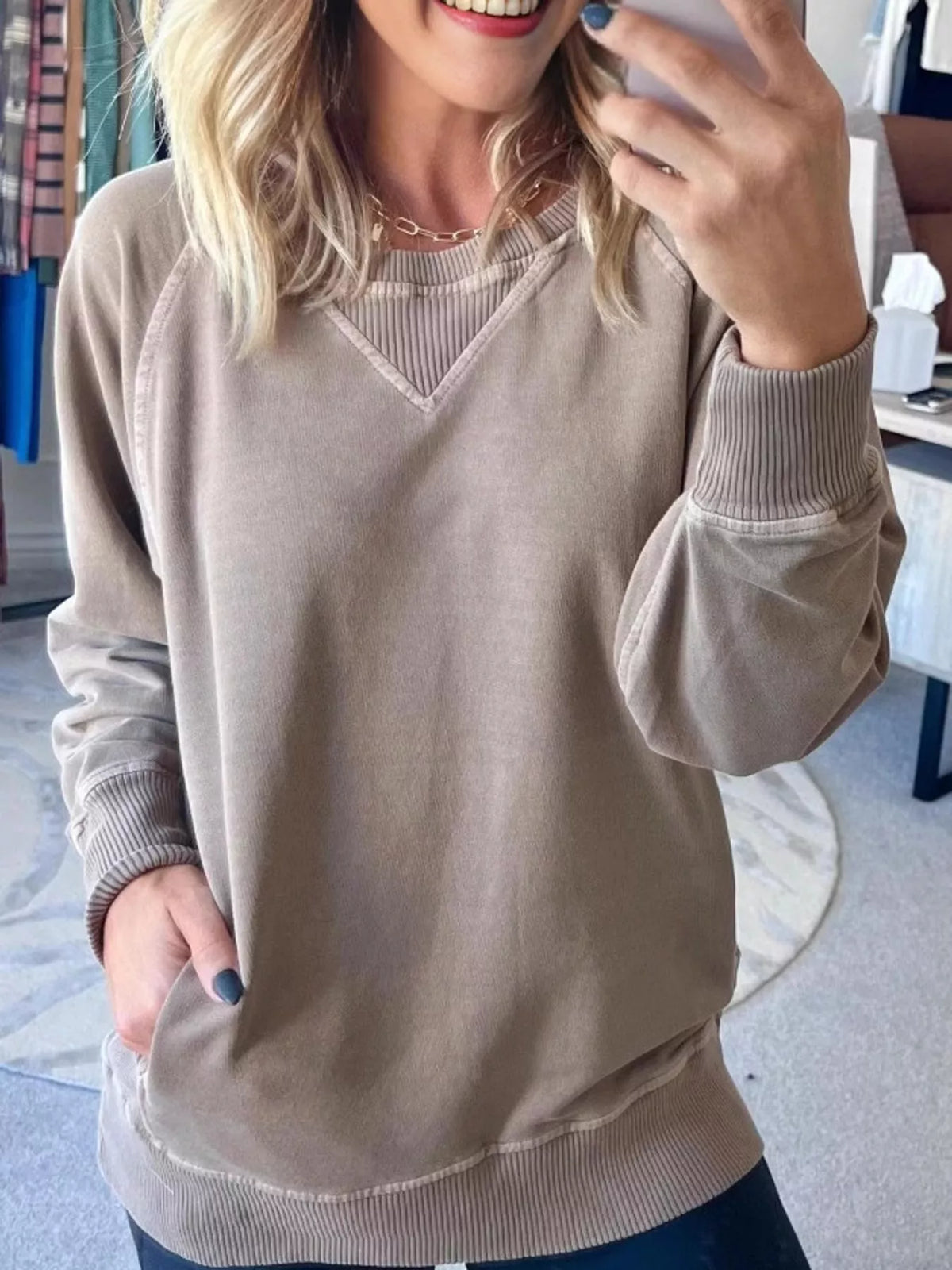 Taupe crew neck raglan sleeve sweatshirt