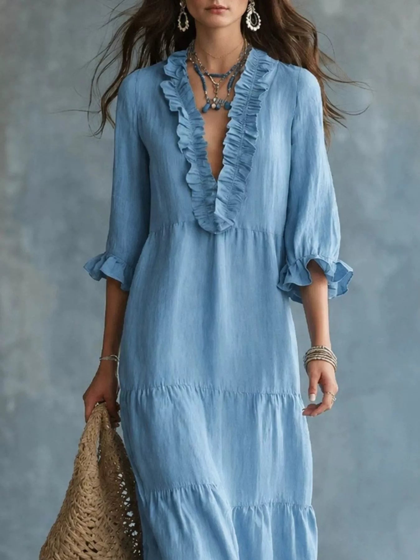 Trendsi Ruffled V-Neck Tiered Maxi Dress -