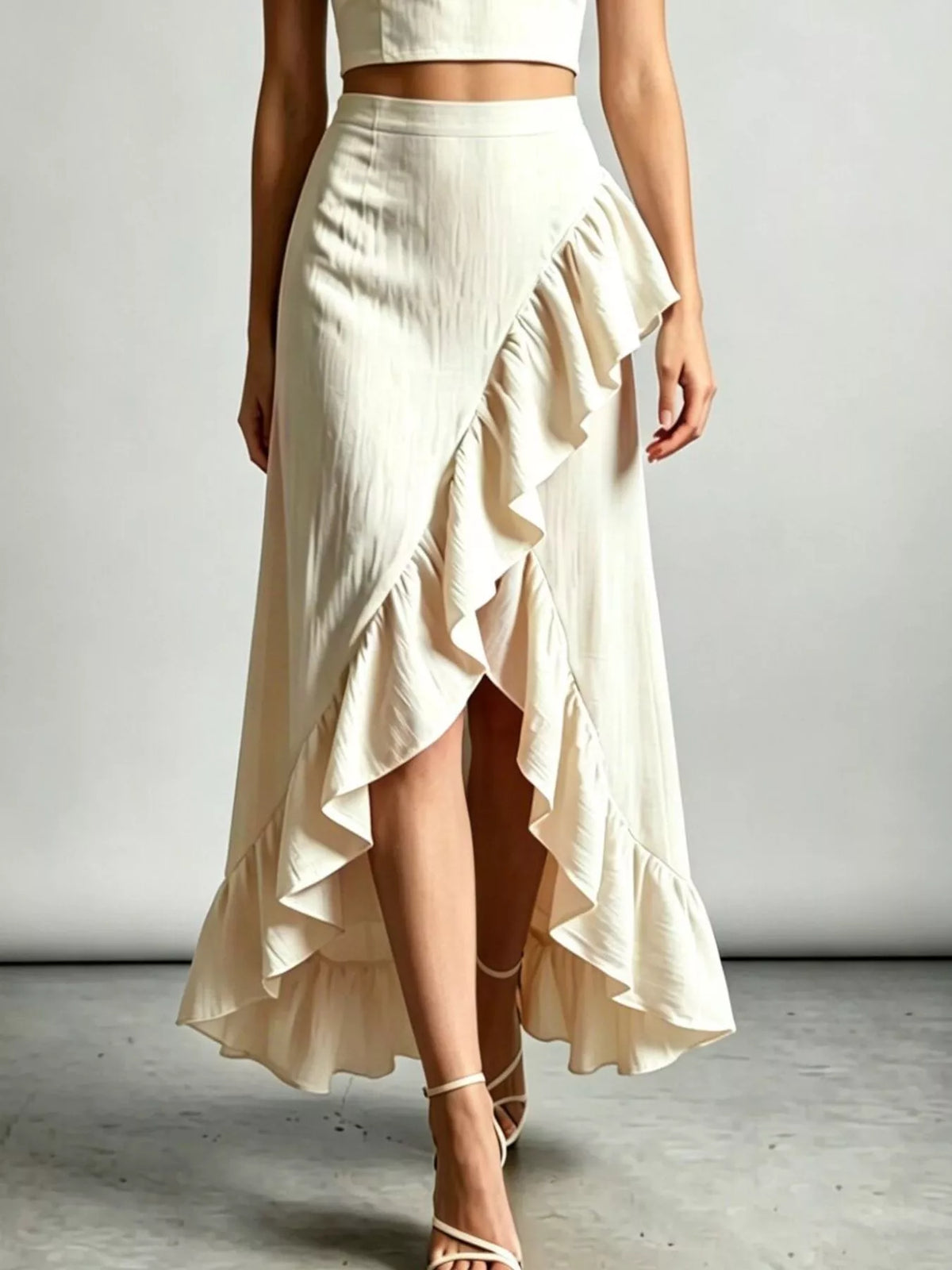Beige Halter Neck Crop Top and High-Low Maxi Skirt Two-Piece Set back view