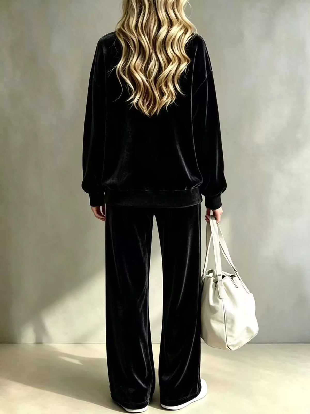 Velour Long Sleeve Top and Wide-Leg Pants Set — back view