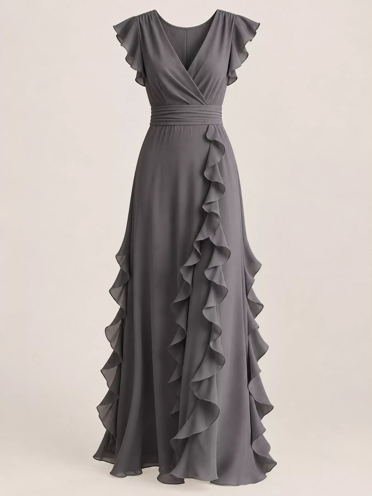 Gray ruffled surplice maxi dress, front product view