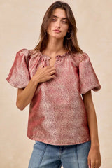 Trendsi BiBi Jacquard Woven Short Balloon Sleeves V Neck Top -